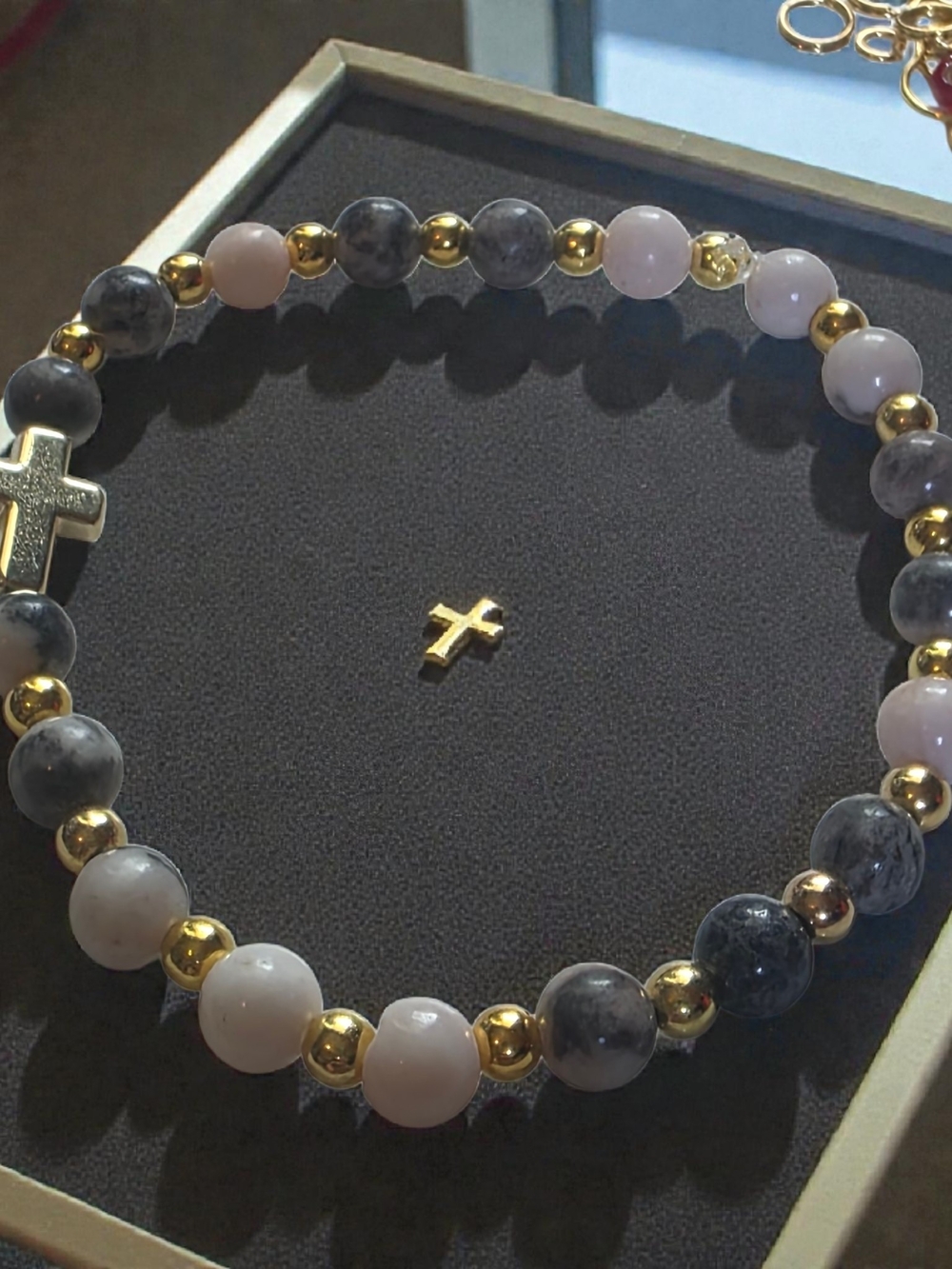 Gold Cross Picasso Jasper Beaded Bracelet Religious